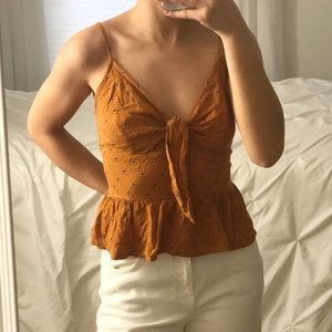 Orange Small Flower Tie Front Sleeveless Top